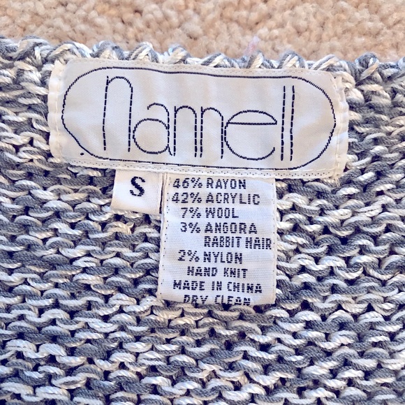 Vintage 80s Nannell Sweater Womens Small Grey White V Neck Angora Hand Knit - Picture 2 of 7